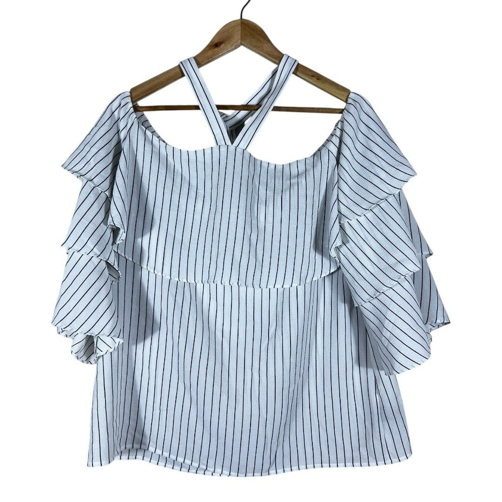 Coco Bianco Cold Shoulder Pinstripe Blouse White Ruffle Tiered Sleeve Size XL